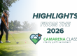 A golfer prepares to swing on a sunny course. Text reads, HIGHLIGHTS FROM THE 2026 CAMARENA CLASSIC charity golf tournament, supporting Every 15 Minutes, with a logo featuring a golf flag and heart.
