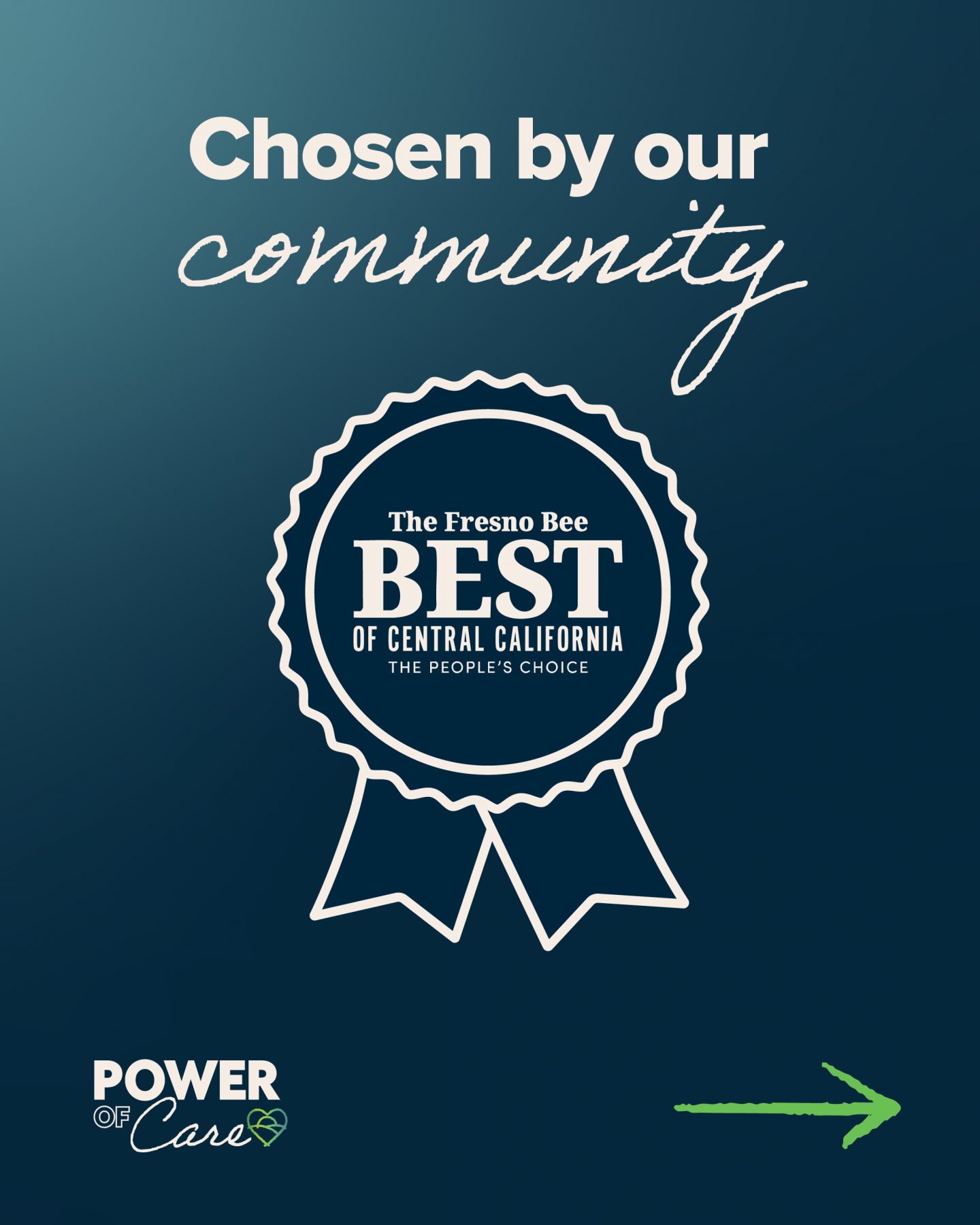 Graphic with the text Chosen by our community above a ribbon badge that says The Fresno Bee Best of Central California, The People’s Choice. Bottom left reads POWER OF Care with a green arrow pointing right.